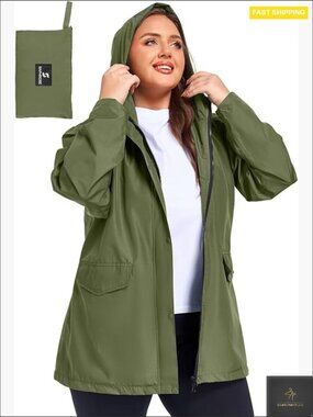 Plus Size Raincoat with Hood Waterproof Packable Lightweight Jacket